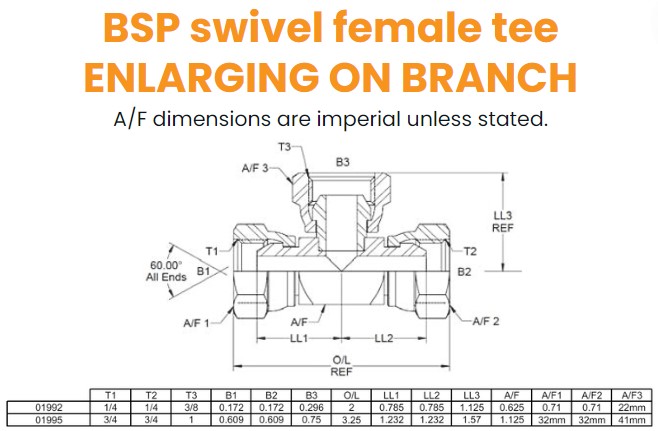 1/4 x 1/4 x 3/8 BSP F/F/F Tee Hydraulic Adaptor